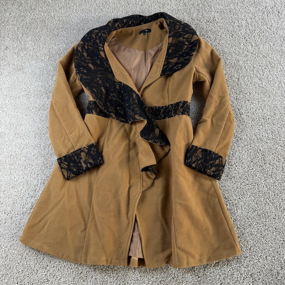 Ryu Coat Womens Large Brown Lace Trim Ruffle Collar Lined Mid Length Dressy